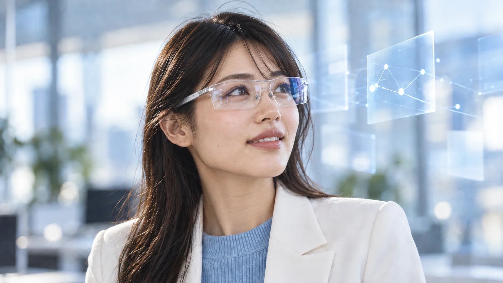 A smiling young businesswoman in a white blazer and Saxe blue knit, wearing transparent AR glasses surrounded by abstract paths and information. AI-generated conceptual photograph.