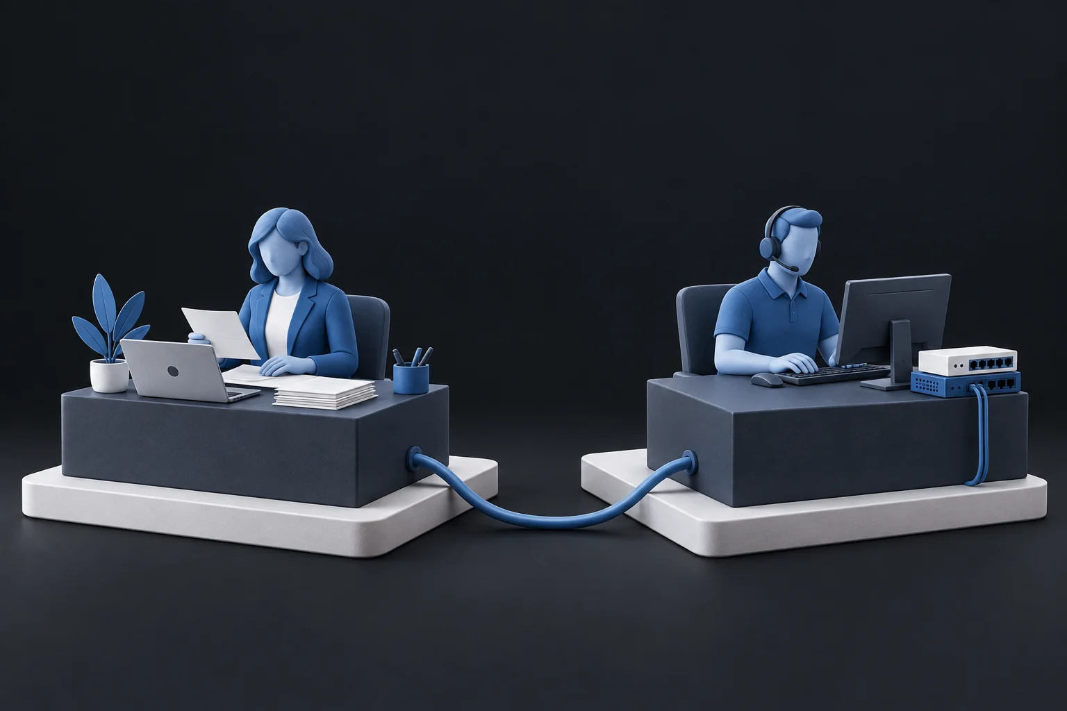 A business owner and a remote IT specialist at separate desks, joined by a blue cable. Conceptual illustration.