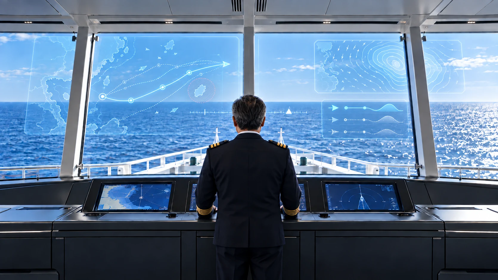 An experienced captain in a formal navy uniform, seen from behind, navigating a modern ship toward the horizon with transparent route and weather information on its windows. AI-generated conceptual photograph.